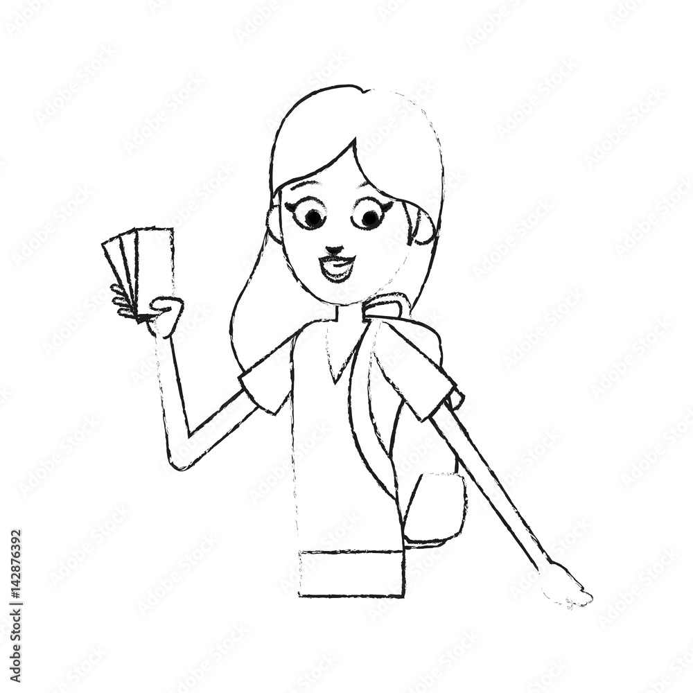 young pretty woman with backpack holding cards cartoon icon image vector illustration design black sketch line young pretty woman with backpack holding cards cartoon icon image vector illustration design black sketch line