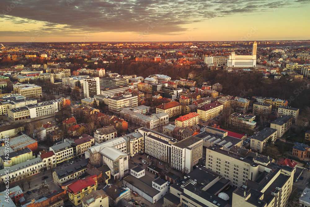 Kaunas city in the early morning, drone aerial image