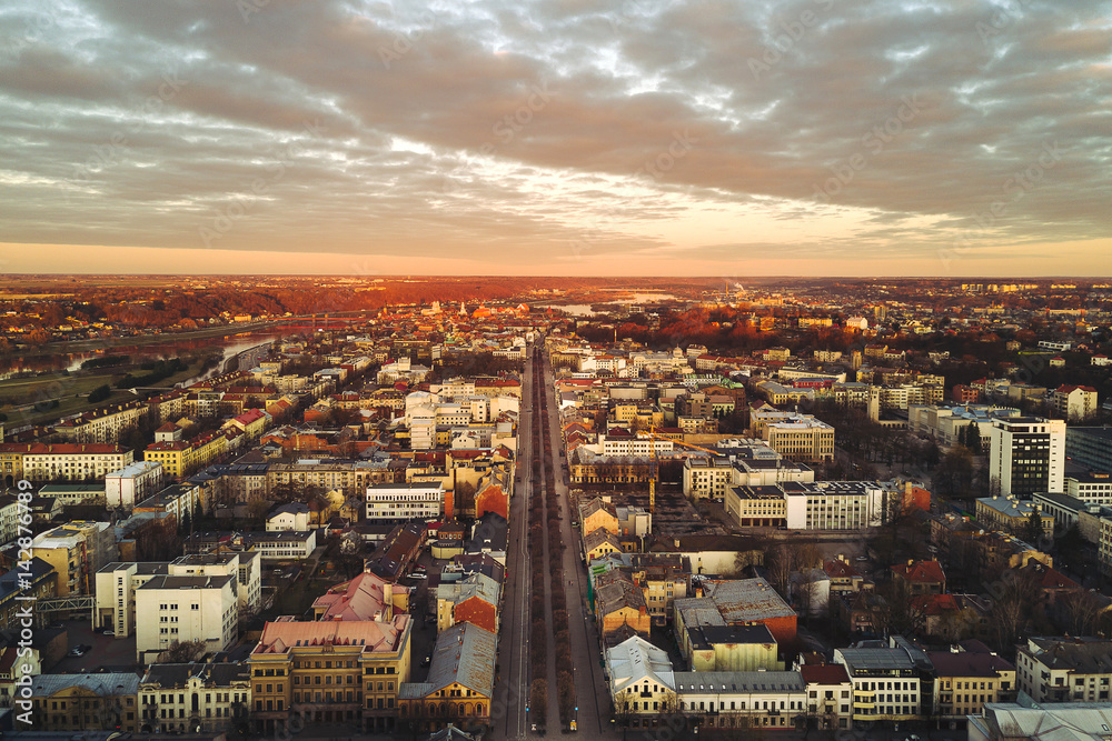 Kaunas city in the early morning, drone aerial image