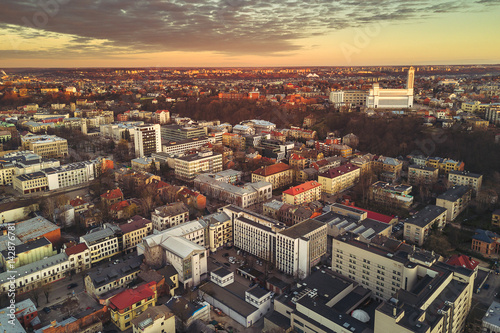 Kaunas city in the early morning, drone aerial image