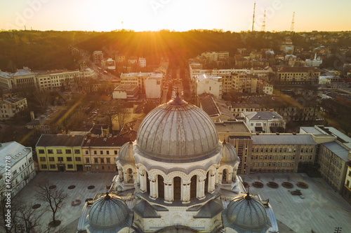 Aerial view of St. Michael the Archangel's Church or the Garrison Church in early morning. Sunrise time. photo