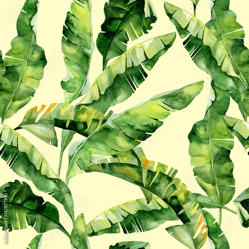 Seamless watercolor illustration of tropical leaves, dense jungle. Pattern wi...