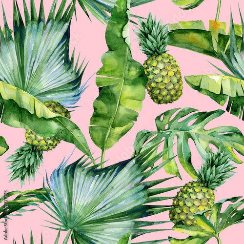Fototapeta Naklejka Na Ścianę i Meble -  Seamless watercolor illustration of tropical leaves and pineapple, dense jungle. Pattern with tropic summertime motif may be used as background texture, wrapping paper, textile,wallpaper design. 