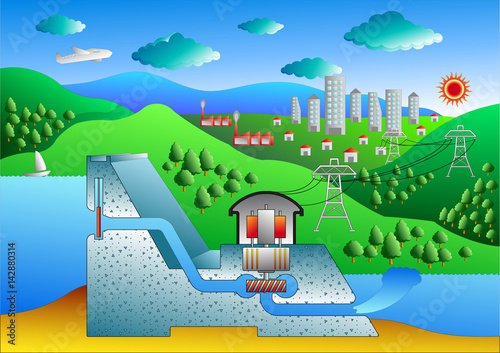 Hydroelectric dam diagram vector