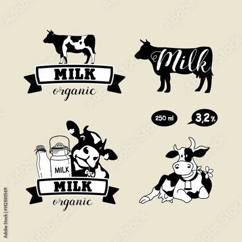 Set of vector emblems. Cow and milk.