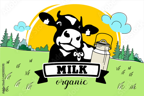 The cow in the meadow. Vector illustration. Dairy products, milk.