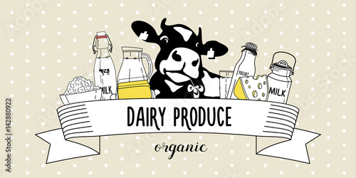 Vector illustration of dairy products and cow. Emblem organic dairy products.