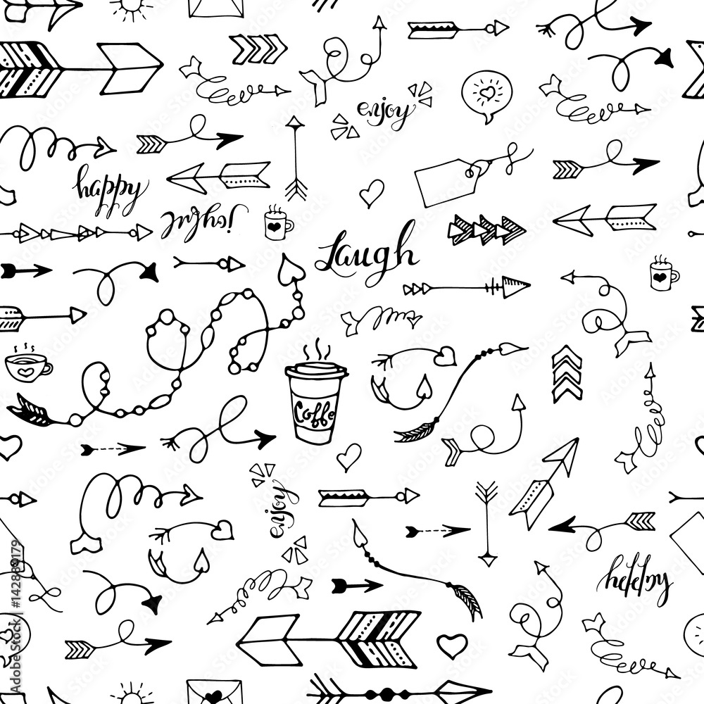 Tribal vintage black arrows on white background. Seamless vector ...