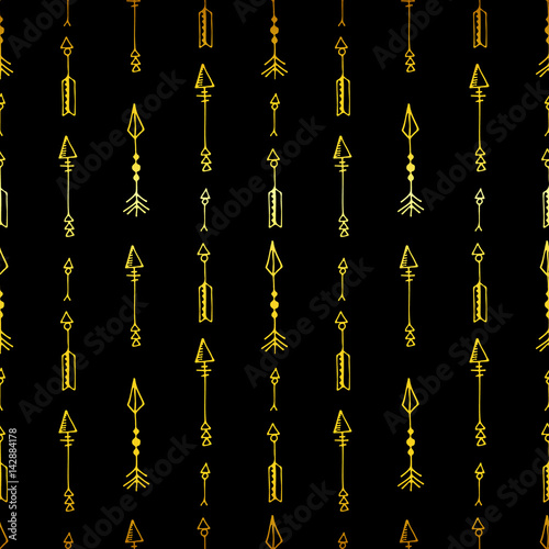 Tribal vintage gold arrows on black background. Seamless vector graphic pattern in native american style. For web page background, pattern fill, wallpaper, card, textile. Hand drawn. Sketch.Doodle