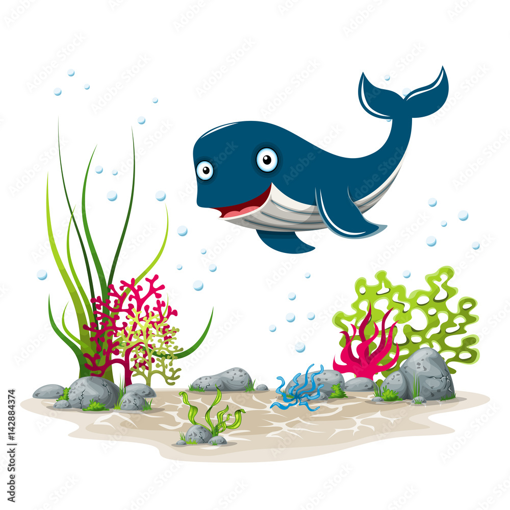 Fototapeta premium Illustration of an underwater landscape with whale and plants
