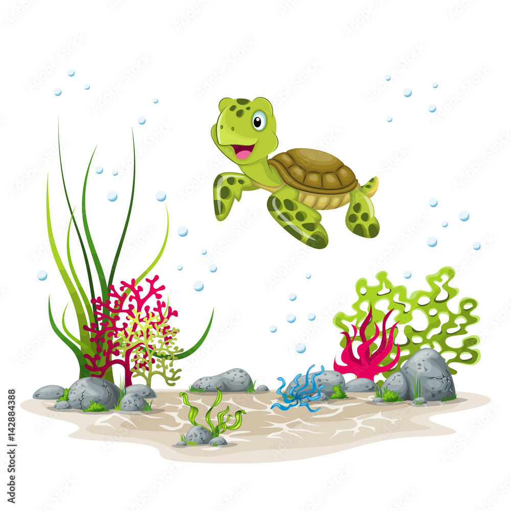 Fototapeta premium Illustration of an underwater landscape with turtle and plants