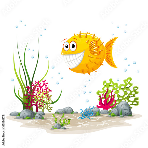 Illustration of an underwater landscape with fish and plants