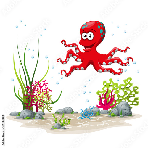 Illustration of an underwater landscape with squid and plants