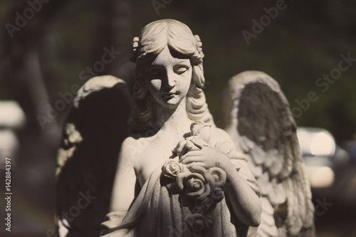 Statue of an angel with wings in the sunshine.