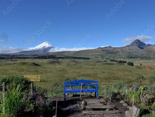 Cracking blue sky day in central Ecuador looking out of a beautiful garden at Volcan Cotopaxi