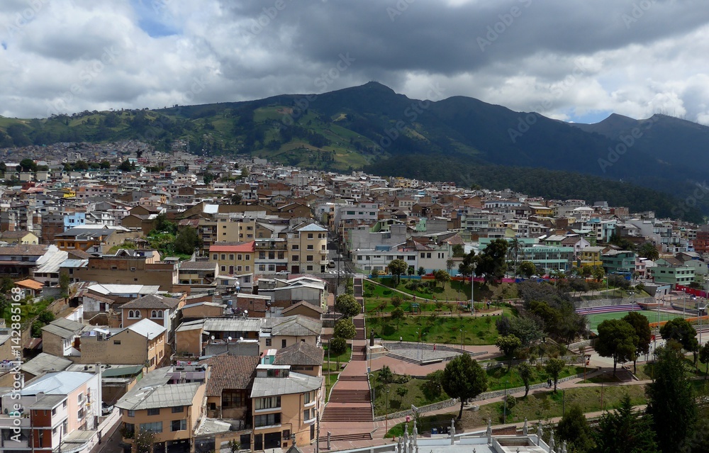 Suburbs of Quito and surrounding hills from atop of the Basilica church.