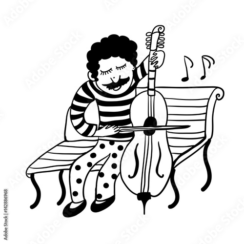 Drawing of a street musician in funny pants in polka dots playing a cello, sketch of a doodle of a group of ink hand-drawn vector illustration