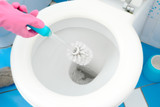 A woman cleans a bathroom toilet with a scrub brush.