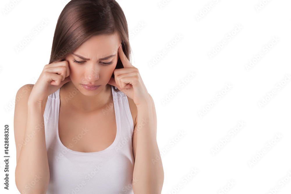 Pretty young girl having a headache. sad woman. Young girl bewildered, has a problem Pretty young girl having a headache. sad woman. Young girl bewildered, has a problem
