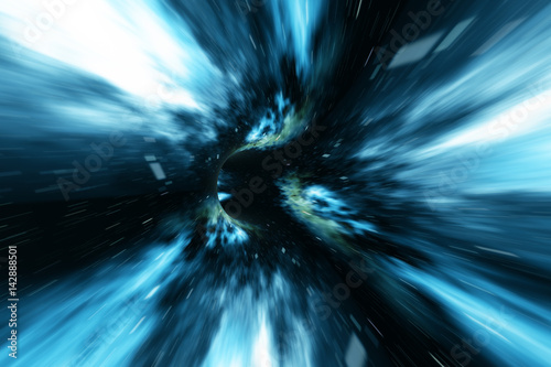 Fototapeta Naklejka Na Ścianę i Meble -  Abstract speed tunnel warp in space, wormhole or black hole, scene of overcoming the temporary space in cosmos. 3d rendering
