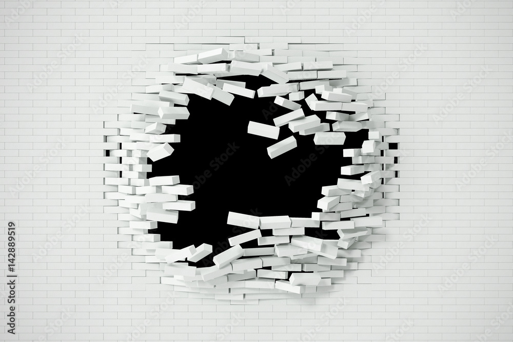 Fototapeta premium Explosion, destruction of a white brick wall, abstract background for Template content. 3d illustration.