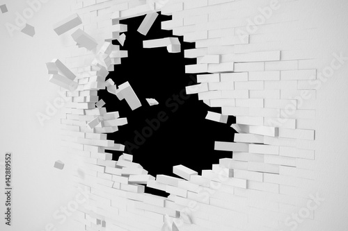 Fototapeta Naklejka Na Ścianę i Meble -  Destruction of a white wall with blank text. 3d illustration