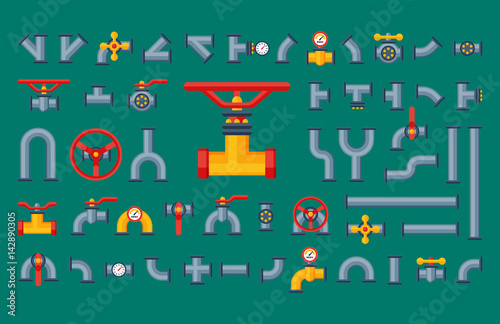 Details pipes different types collection of water tube industry gas valve construction and oil industrial pressure technology plumbing vector illustration.