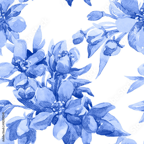 Fototapeta Naklejka Na Ścianę i Meble -  Watercolor seamless pattern. Flowers on a blossoming branch in the spring.