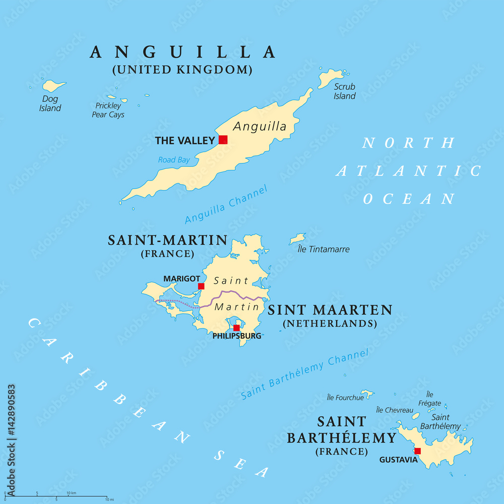 Anguilla, SaintMartin, Sint Maarten and Saint Barthelemy political map. Islands in the