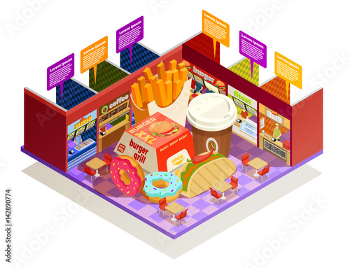 Food Court Interior Elements Isometric Composition 