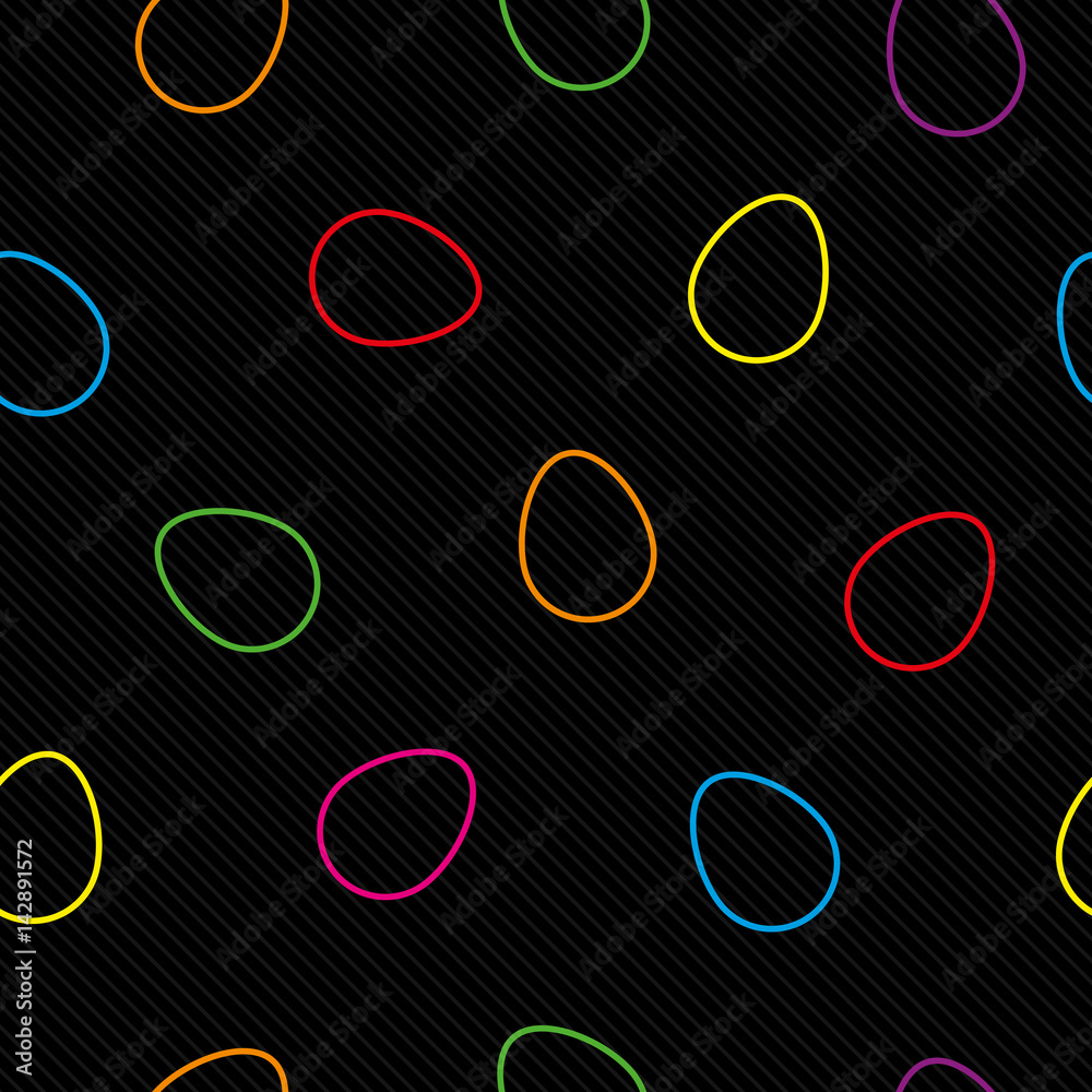Colorful Outline Easter Eggs on Black Pinstripe Background Seamless Pattern.