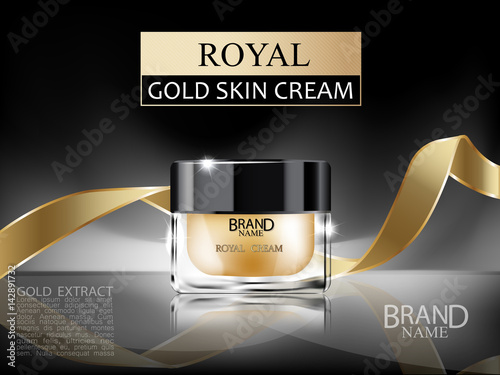 Premium 3d cosmetic glass cream bottle with royal gold face cream inside and gold ribbon on dark abstract background. Vector illustration.