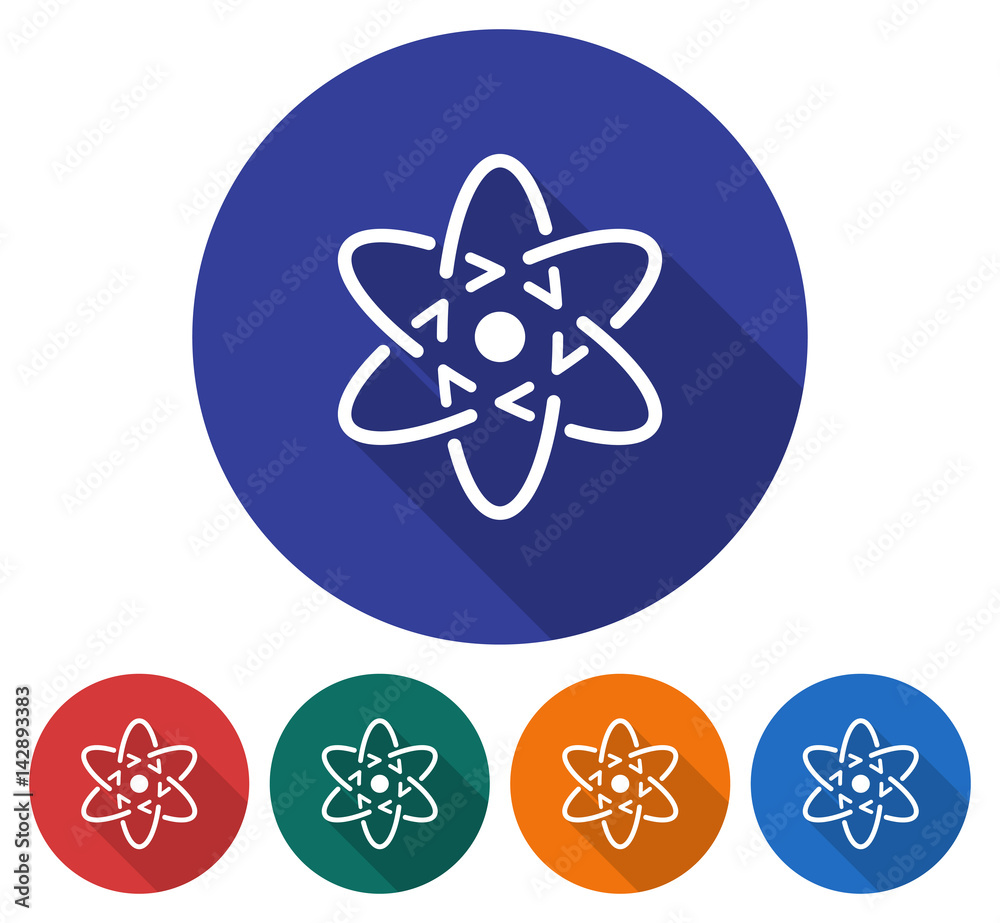 Round icon of atom model. Flat style illustration with long shadow in five variants background color Round icon of atom model. Flat style illustration with long shadow in five variants background color