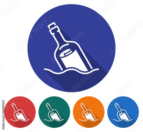 Round icon of  message in a bottle. Flat style illustration with long shadow in five variants background color