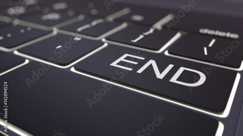 Black luminous computer keyboard and end key. Conceptual 3D rendering photo