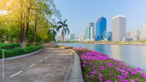 Cityscape of Benchakitti park , green lung of Bangkok ,Thailand