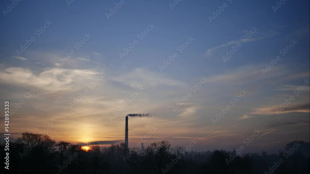 Sunrise Time Lapse Sky and moving clouds Power Plant pipe with smoke Latvia 4K Sunrise Time Lapse Sky and moving clouds Power Plant pipe with smoke Latvia 4K