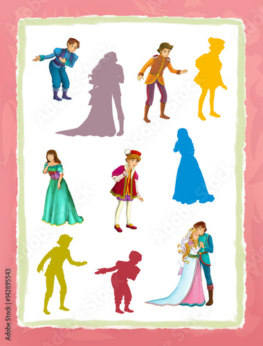 cartoon page with medieval characters king and queen game with shapes