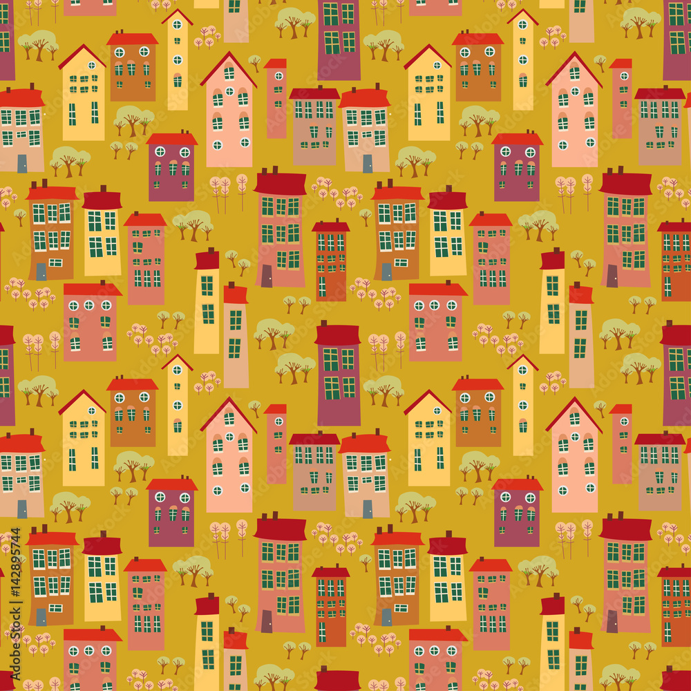 Cartoon seamless pattern with landscape.