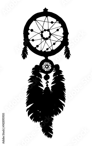 Hand drawn dreamcatcher silhouette with beads and feathers