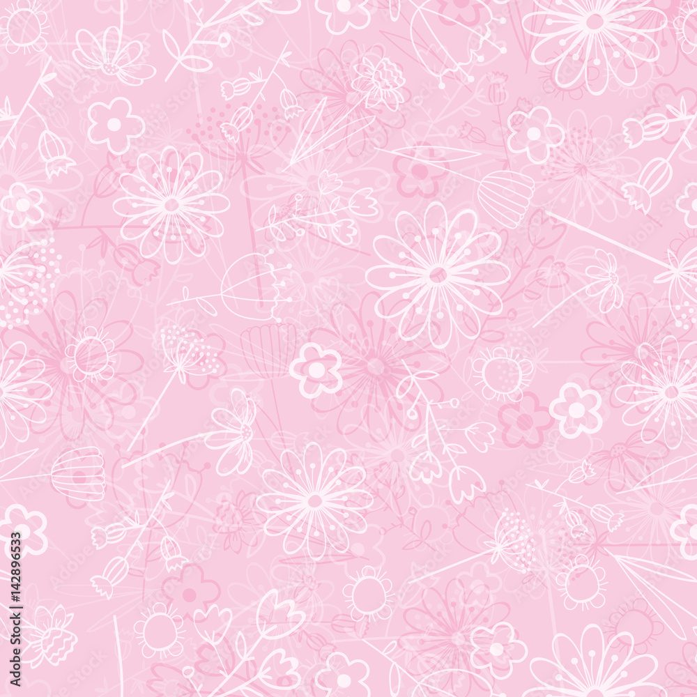 Tender and graceful background with hand flowers. Pattern in light pink tones for greeting card, banners