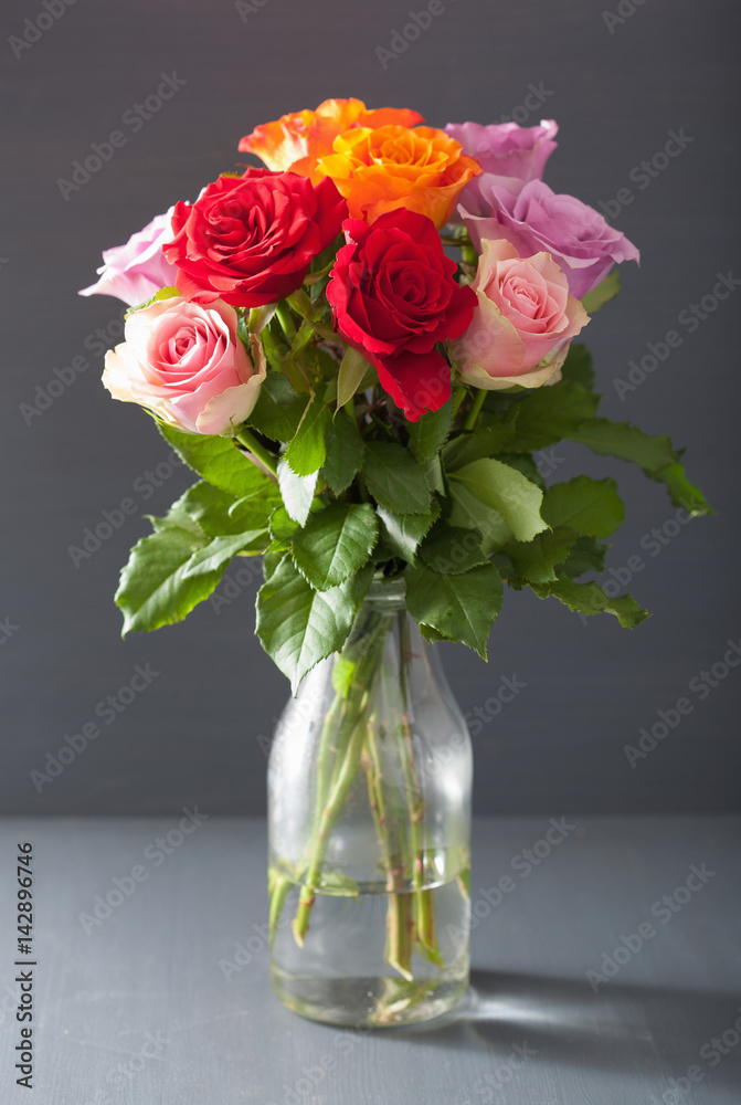 beautiful colorful rose flowers bouquet in vase