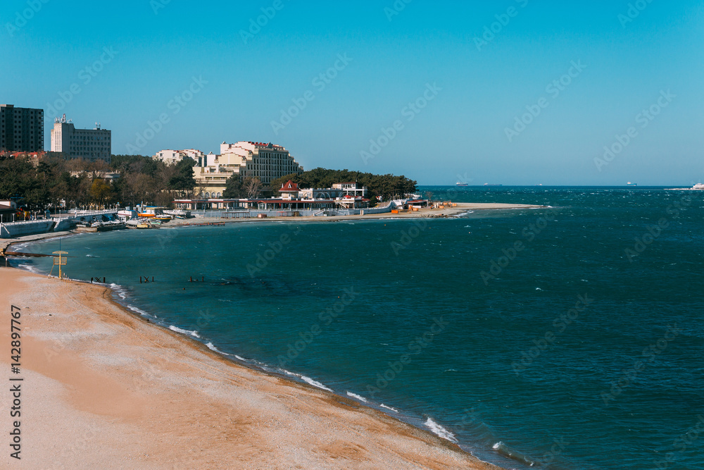 View of the tip of Cape Tolstoy, desert beach, hotels and entertainment in Gelendzhik, Russia