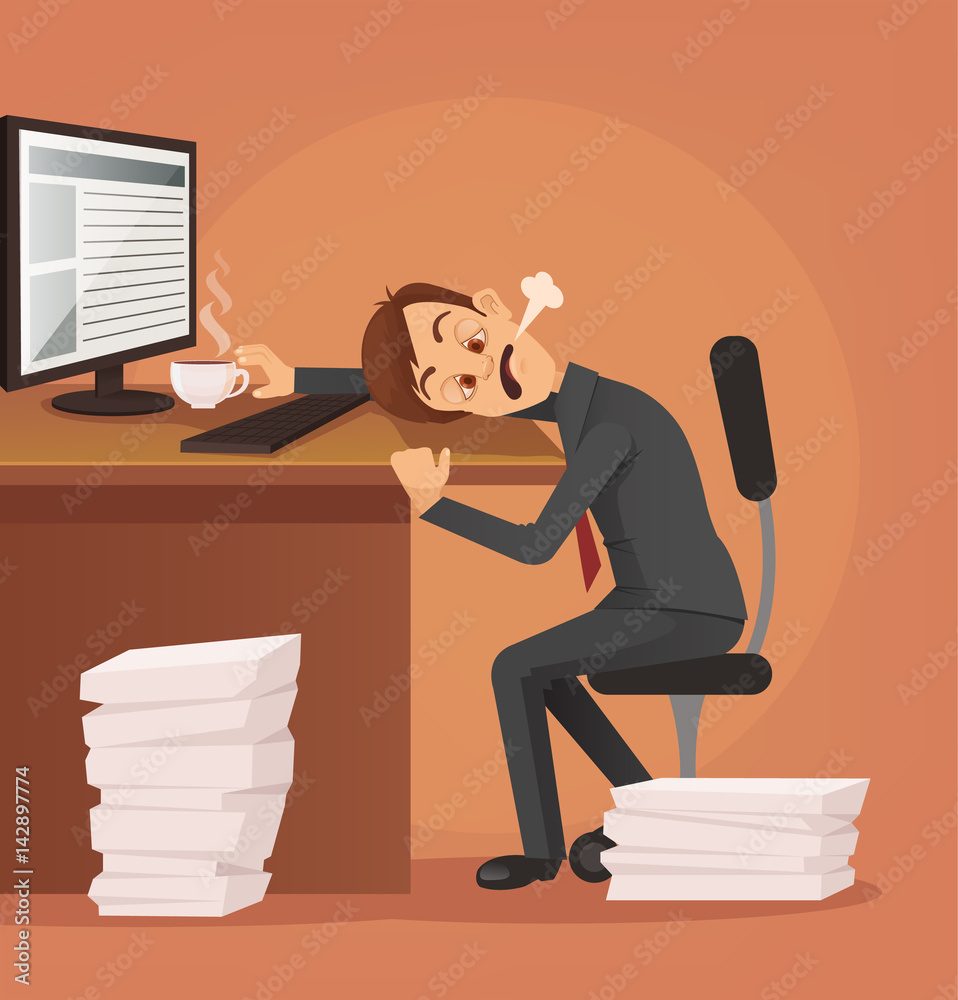 Hard work. Tired unhappy office worker man character trying to work