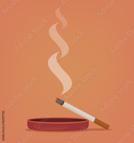 Smoking cigarette in ashtray. Vector flat cartoon illustration