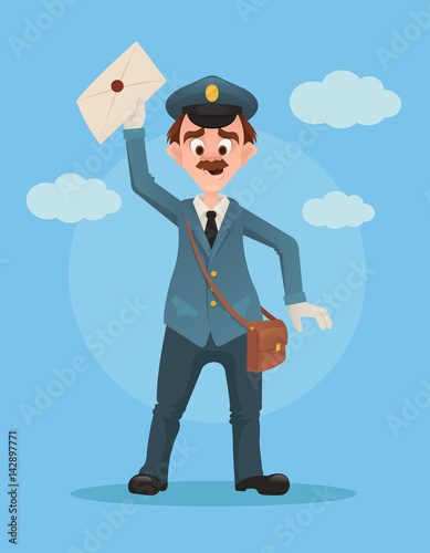 Happy smiling post man character hold envelope. Vector flat cartoon illustration