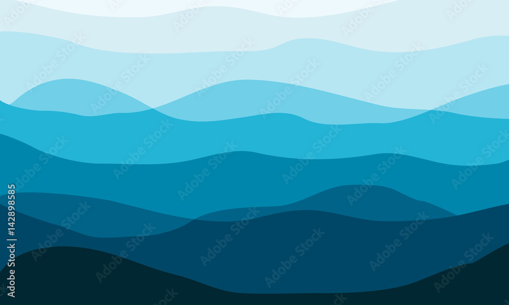 Layered mountains landscape in the morning. Waves vector background.