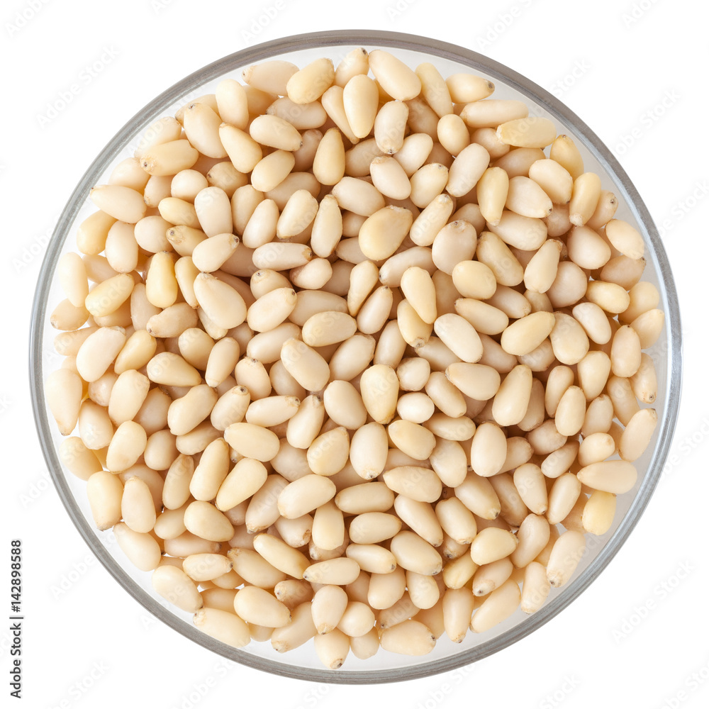 Shelled cedar pine nuts isolated on white background with clipping path