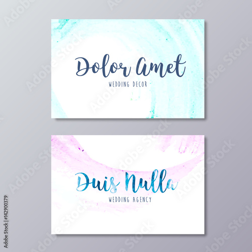 Premade wedding decor business card design. Hand drawn abstract watercolor texture and wedding agency branding templates
