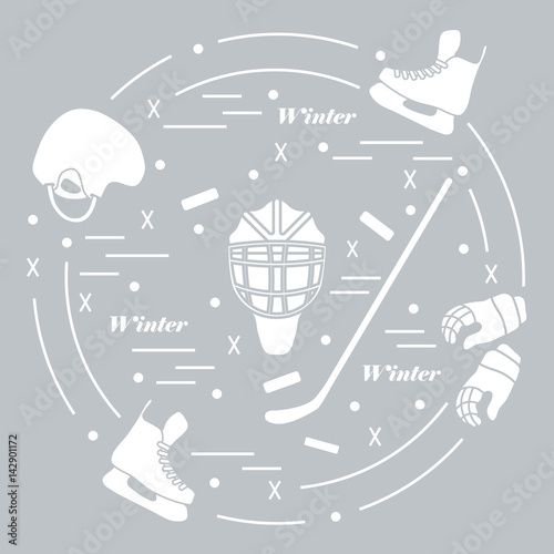 Vector illustration of various subjects for hockey. Including icons of helmet, gloves, skates, goalkeeper mask, hockey stick, puck.